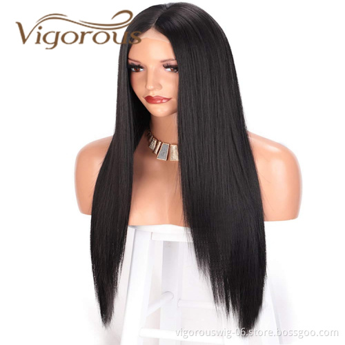 Vigorous Hot Selling In Stock Long Black Silky Straight Wave Middle Part Natural Hairline For Black Women Synthetic Hair Wigs
